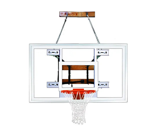 FIRST TEAM wall mount basketball hoop with clear backboard and orange rim attached by metal chains