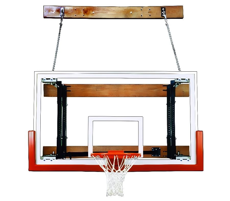 FIRST TEAM wall mount basketball hoop with clear backboard and orange rim hanging from wood support