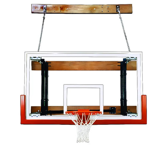 FIRST TEAM wall mount basketball hoop with clear backboard and orange rim hanging from wood support