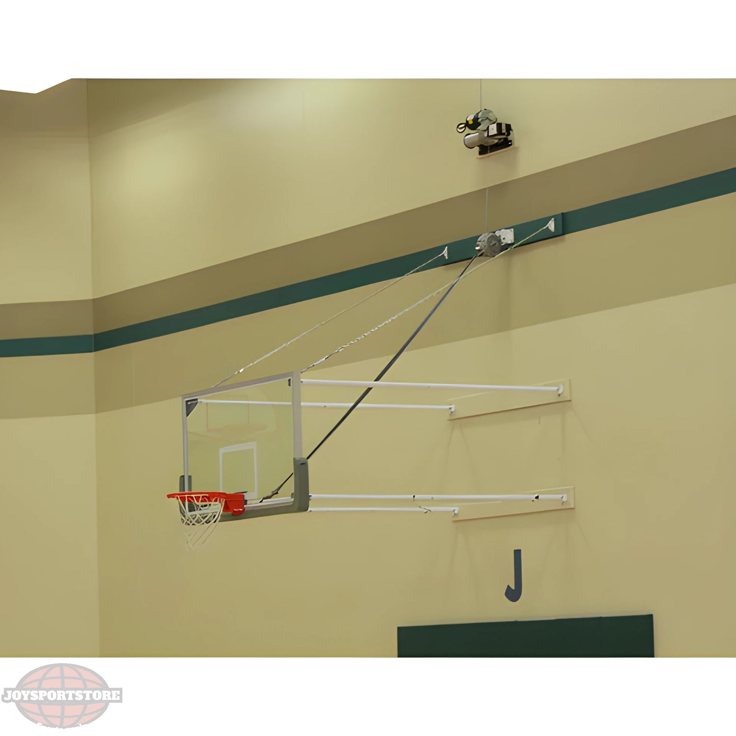 Gared wall mount basketball hoop with clear backboard and orange rim installed in indoor gym