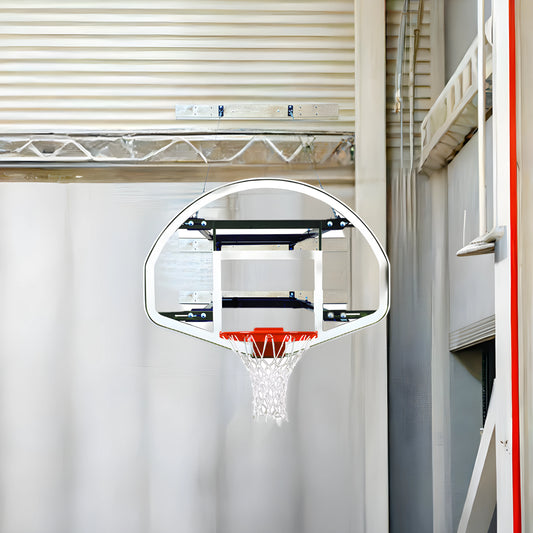 FIRST TEAM wall mount basketball hoop with clear backboard and red rim installed indoors