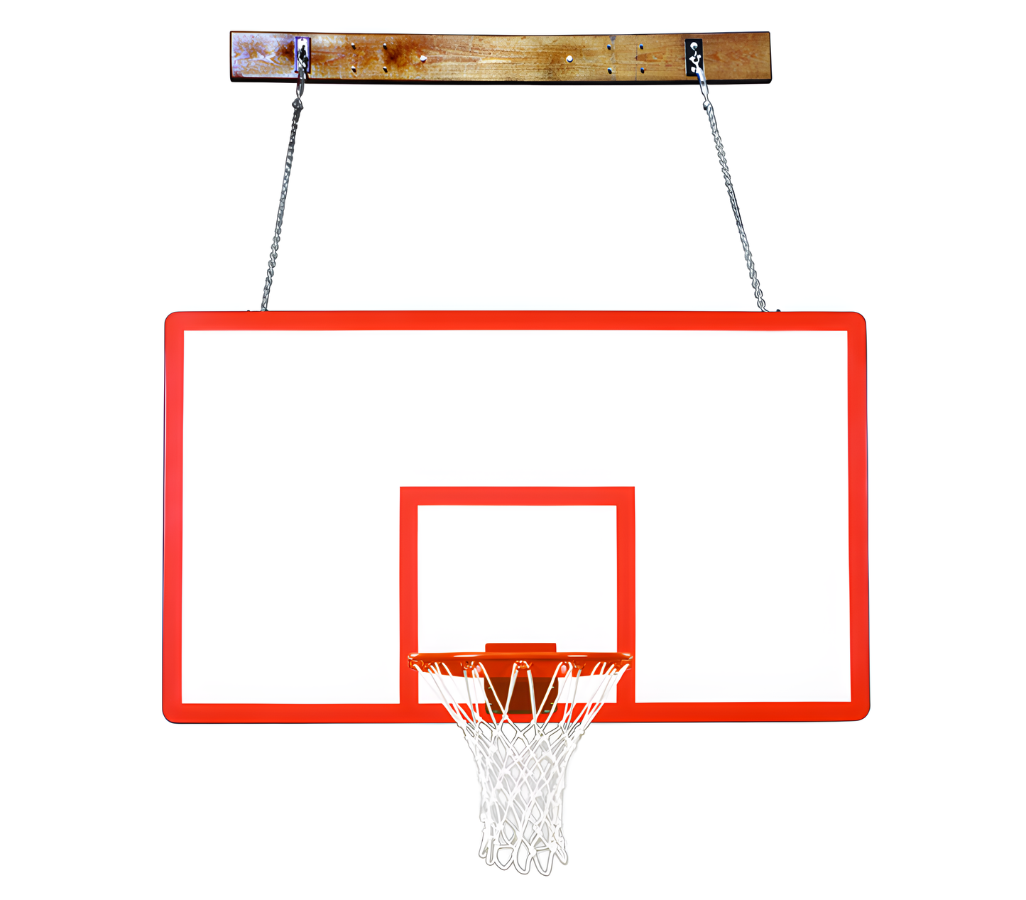 FIRST TEAM Wall Mount Basketball Hoop with red frame, white net, and wooden support board