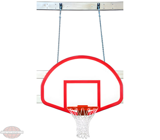FIRST TEAM Wall Mount Basketball Hoop with red and white backboard and chain support hanging on wooden frame