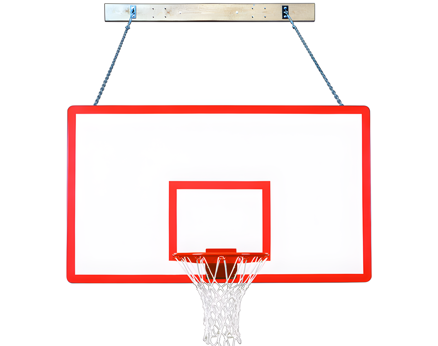 FIRST TEAM wall mount basketball hoop with white backboard and red border hanging by chains