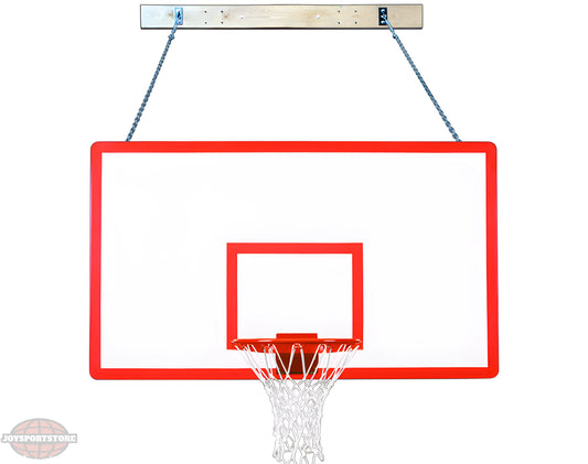 FIRST TEAM wall mount basketball hoop with white backboard and red border hanging by chains