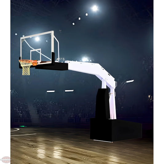 Gared portable basketball hoop with adjustable white arm and black base on indoor court