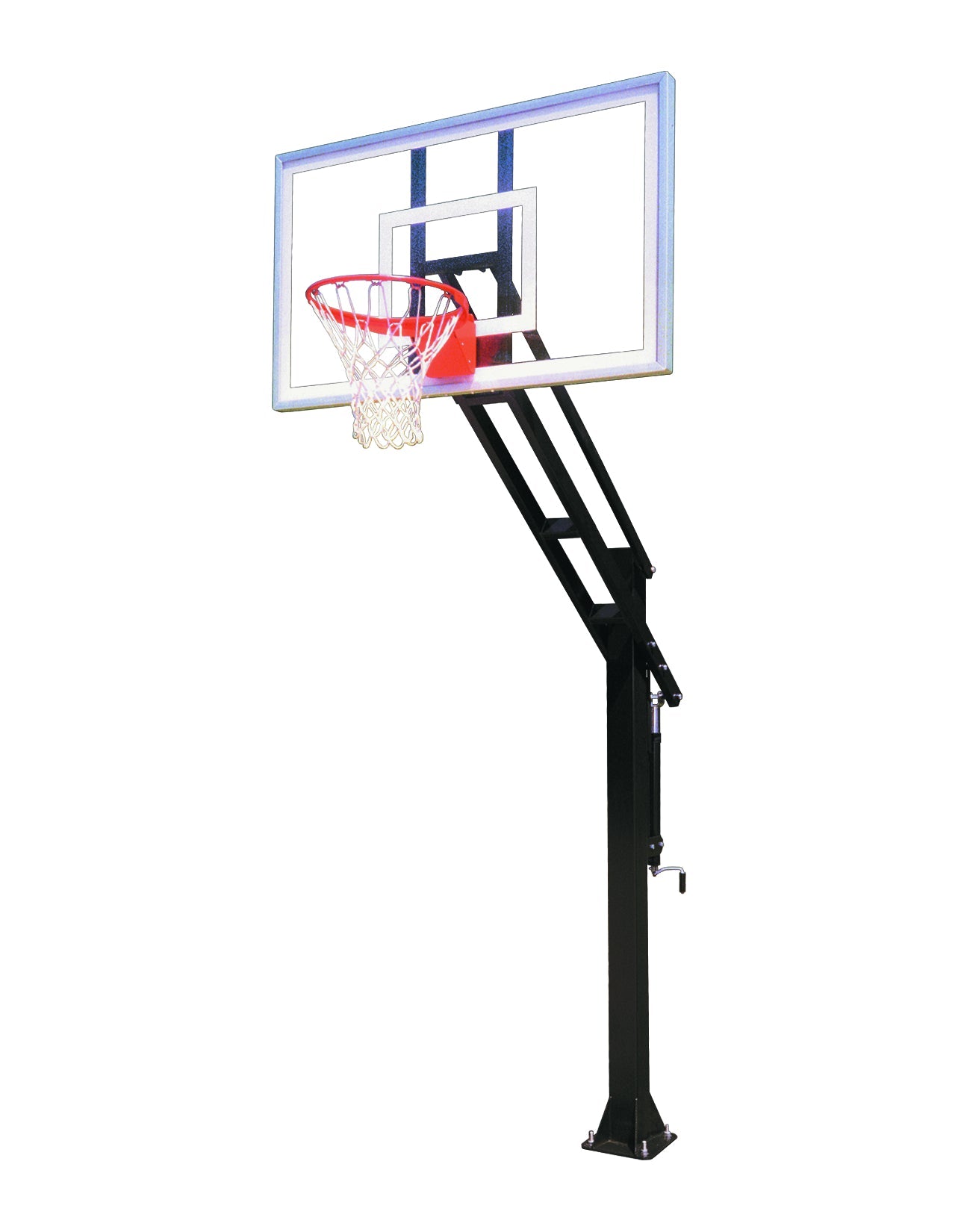 In ground black post with adjustable acrylic backboard and basketball goal