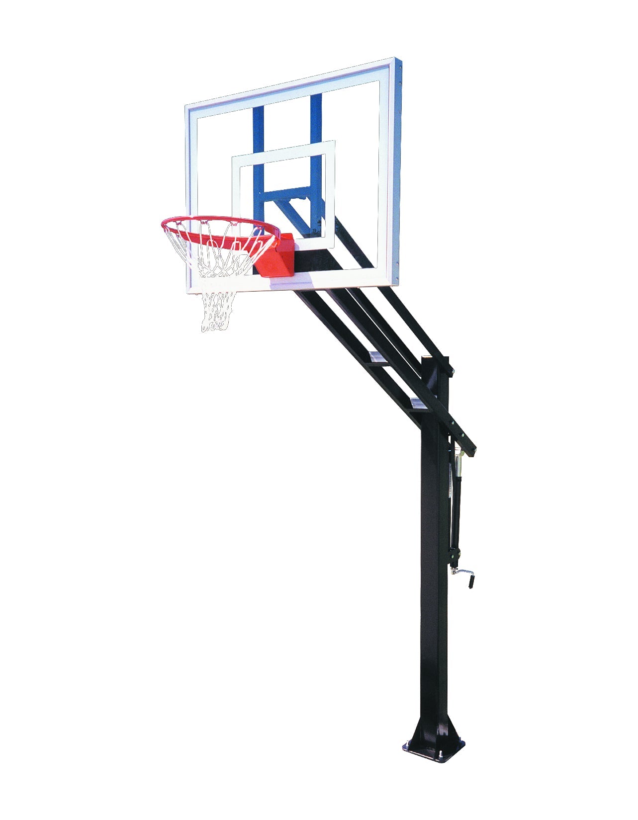 In ground black post with adjustable tempered glass backboard and basketball goal
