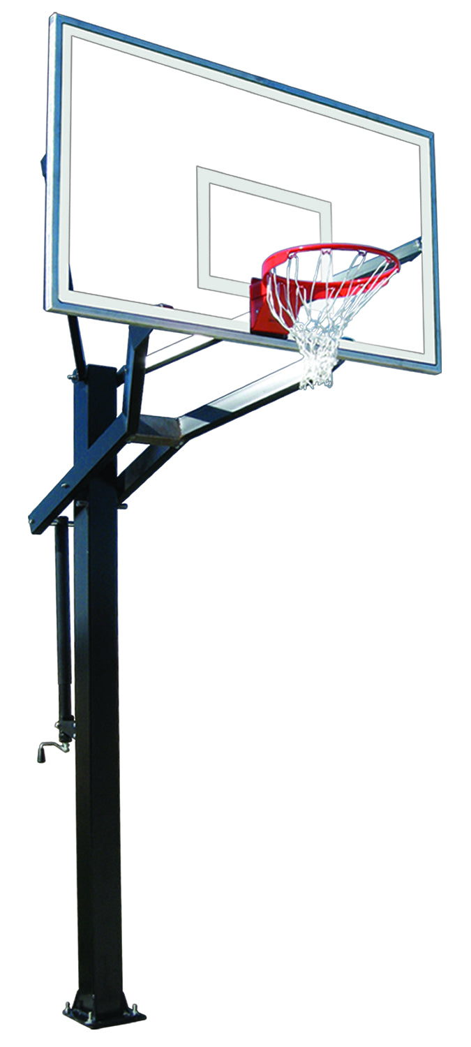 In ground basketball black post with basketball rim and clear tempered glass backboard