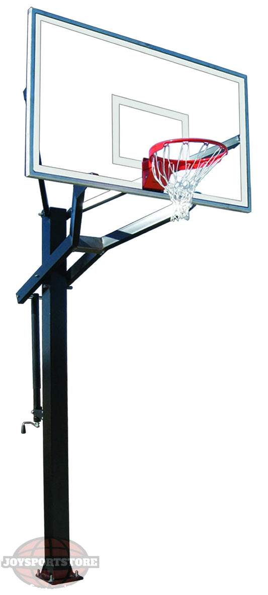 In ground basketball black post with basketball rim and clear tempered glass backboard