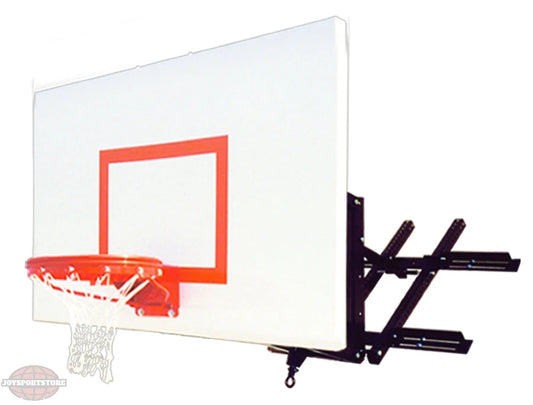 wall mounted basketball hoop with a white backboard, red rim, and a chain