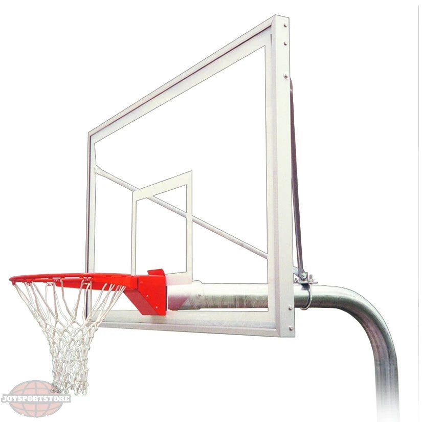 acrylic backboard with white framework attached to a steel post