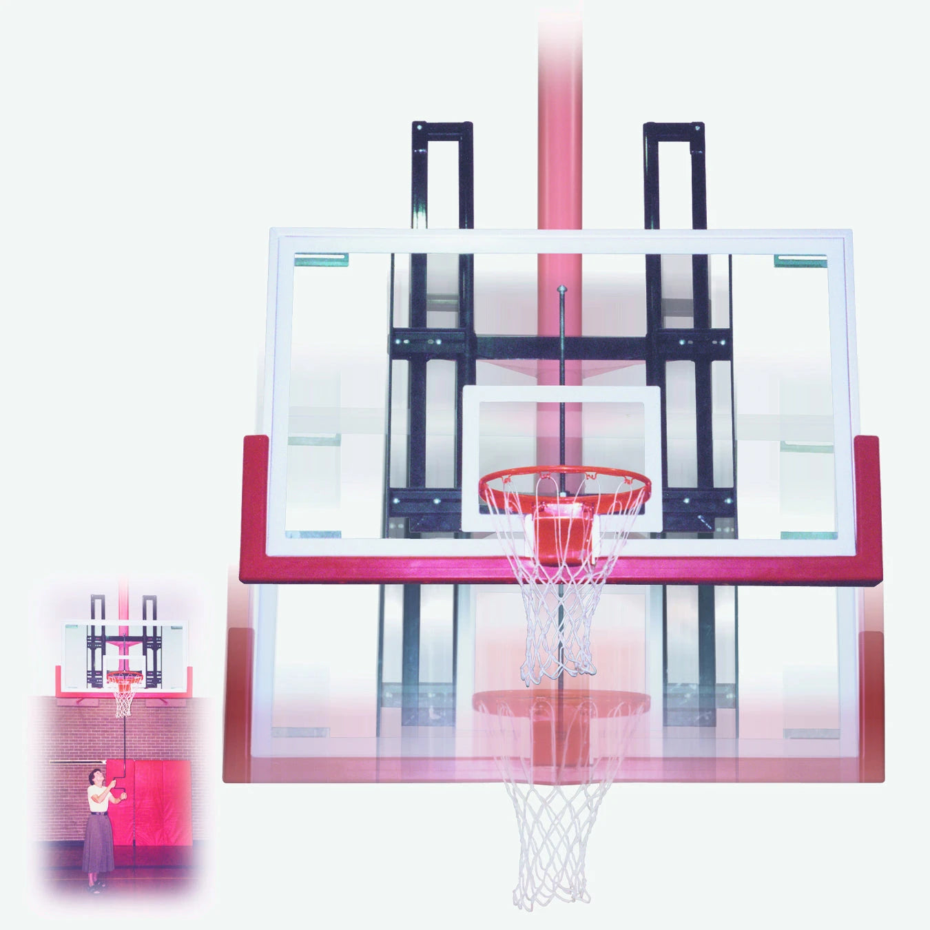 FIRST TEAM basketball hoop with clear basketball backboard and red rim for indoor court play