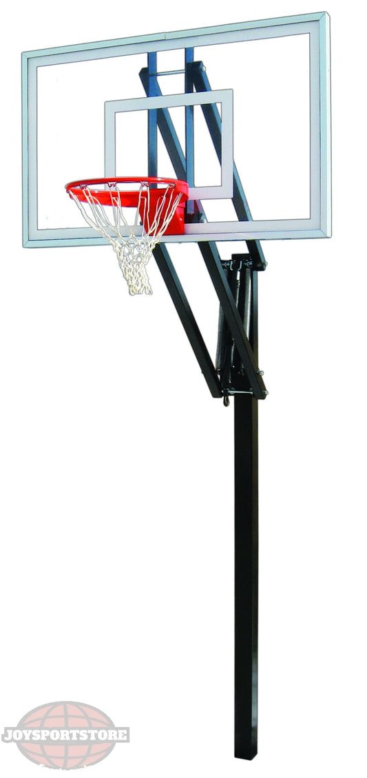 FIRST TEAM in ground basketball hoop with clear backboard and red rim for outdoor play