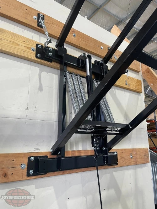 FIRST TEAM black steel wall mount basketball hoop bracket and spring mechanism mounted on wooden support