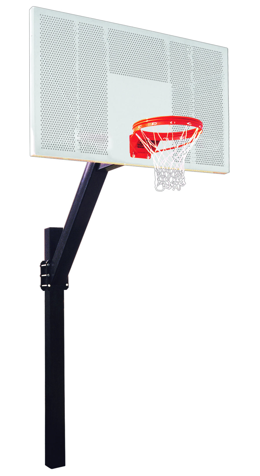 FIRST TEAM in ground basketball hoop with white perforated backboard and red rim