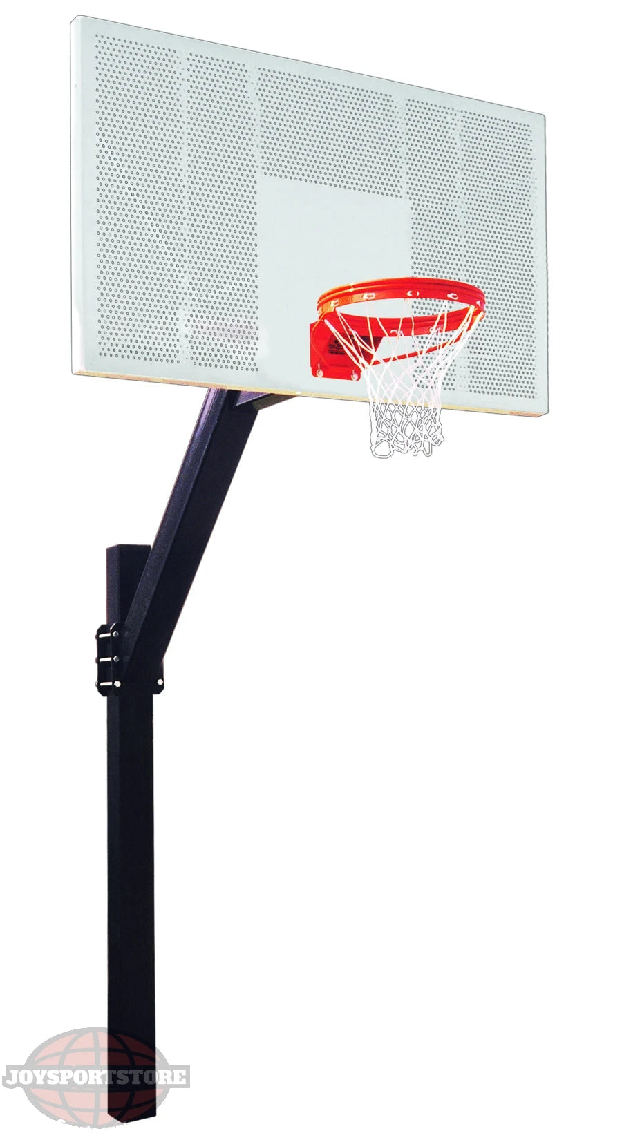 FIRST TEAM in ground basketball hoop with white perforated backboard and red rim