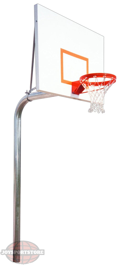 FIRST TEAM in ground basketball hoop with clear backboard and orange rim