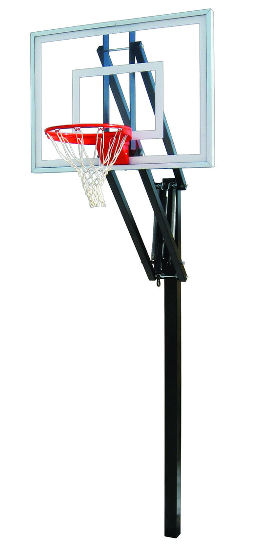 FIRST TEAM in ground basketball hoop with clear backboard and red rim on black pole