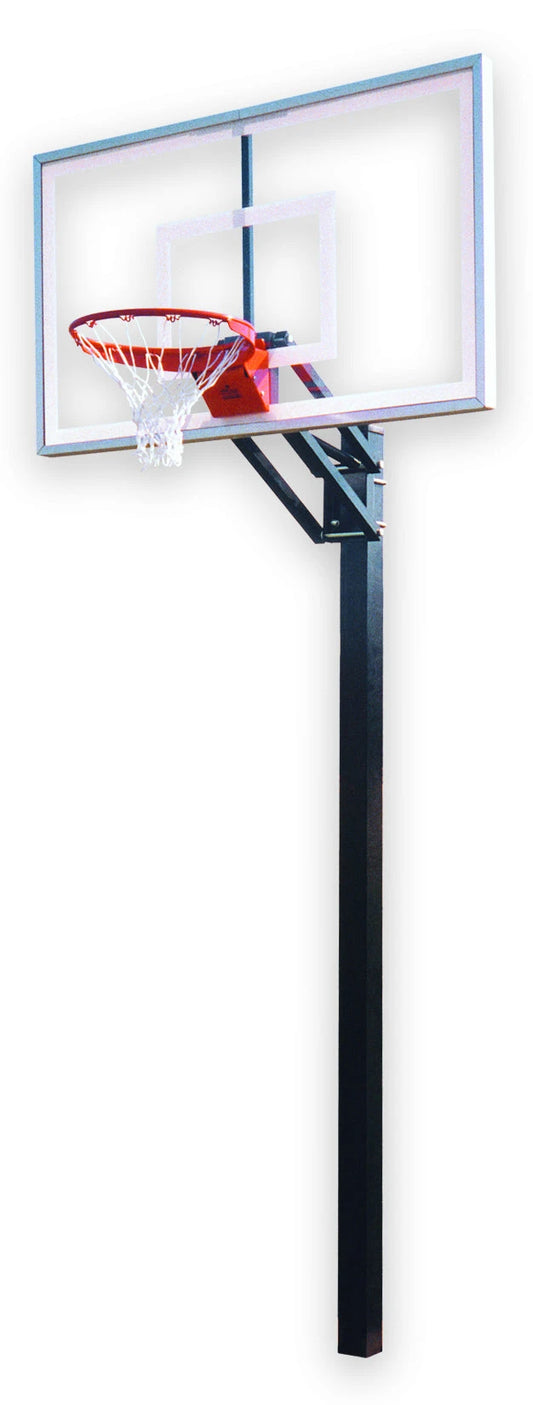 FIRST TEAM In Ground Basketball Hoop with clear backboard and red rim on black pole