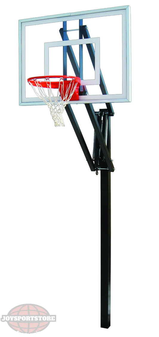 FIRST TEAM In Ground Basketball Hoop with clear backboard and red rim on black pole
