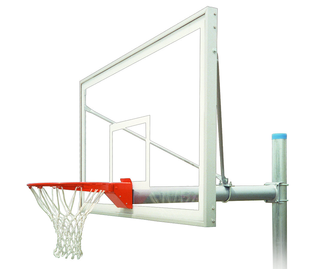 FIRST TEAM in ground basketball hoop with clear backboard and red rim for outdoor play
