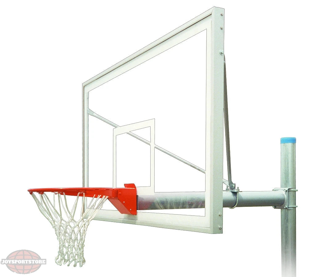 FIRST TEAM in ground basketball hoop with clear backboard and red rim for outdoor play