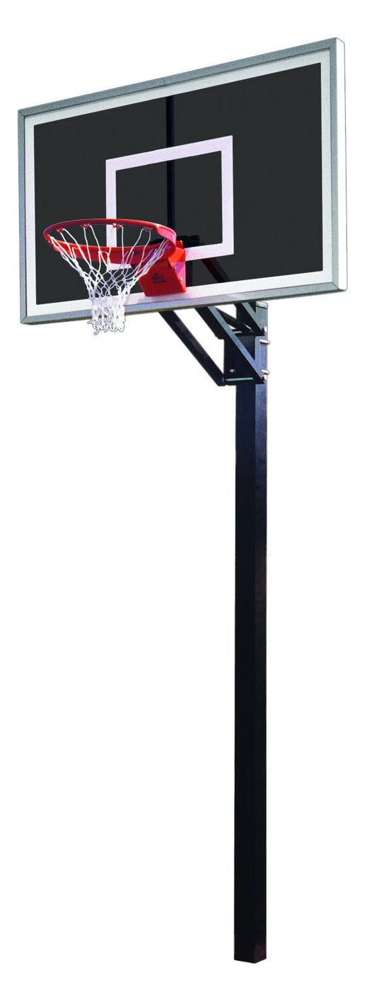 FIRST TEAM in ground basketball hoop with black backboard and red rim for outdoor play