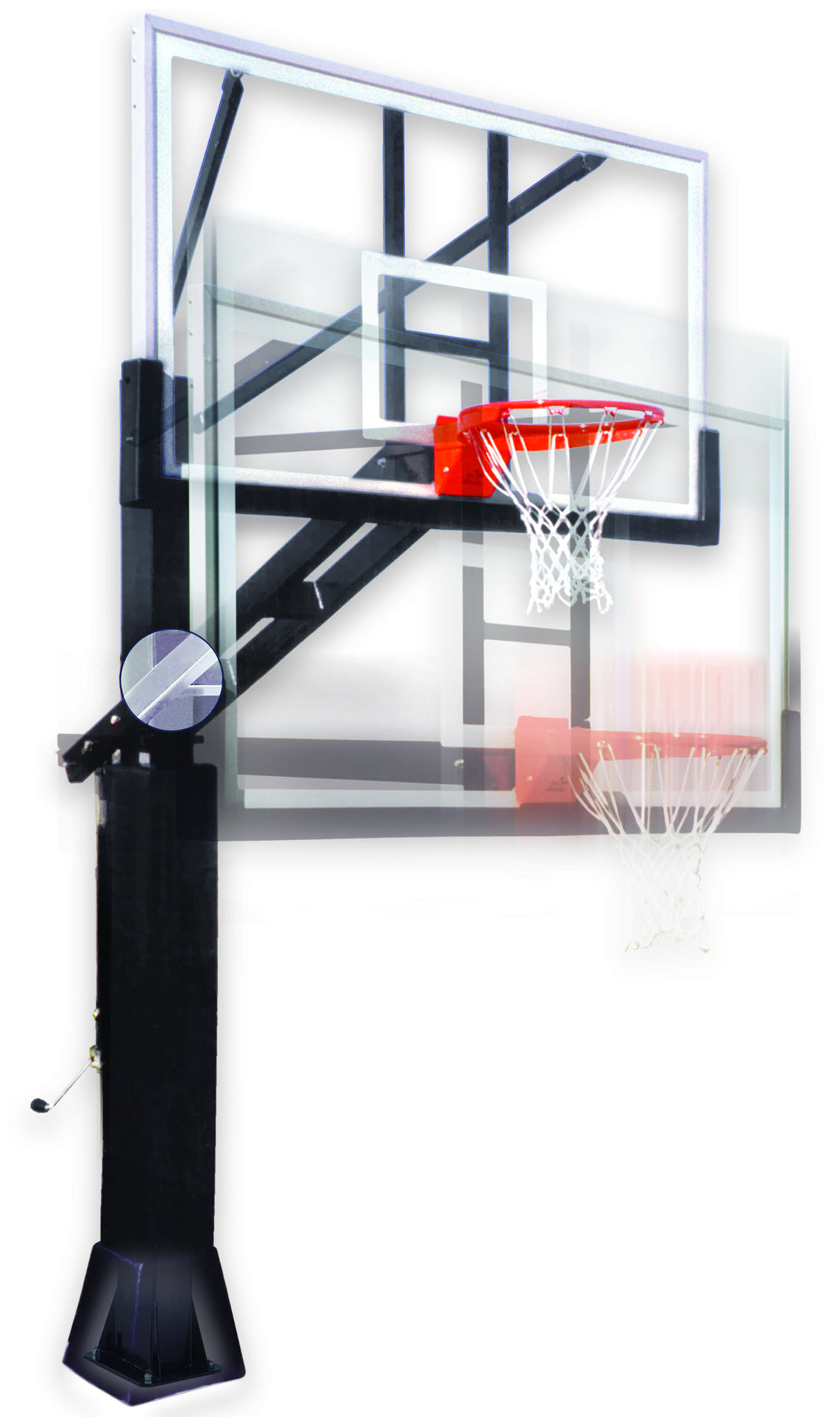 FIRST TEAM In Ground Basketball Hoop with clear glass backboard and red rim for outdoor play