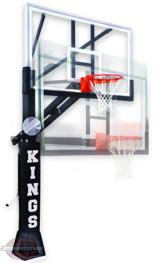 FIRST TEAM In Ground Basketball Hoop with clear backboard and red rim mounted on black pole labeled KINGS