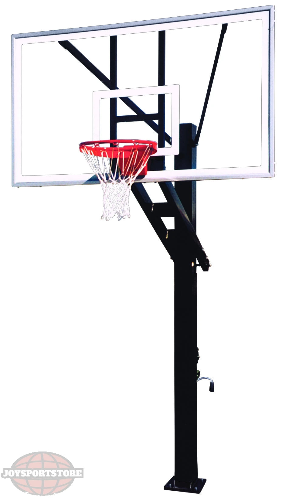 FIRST TEAM in ground basketball hoop with clear backboard and red rim on black pole