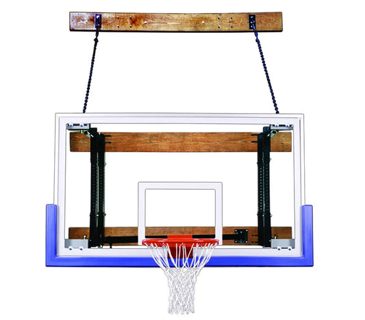 FIRST TEAM wall mount basketball hoop with clear backboard and red rim suspended by chains