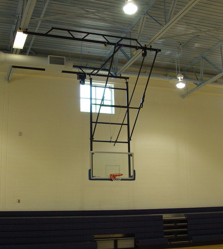 Gared Dual Post Front-Braced Front-Folding Ceiling Hung Basketball Backstop Gared