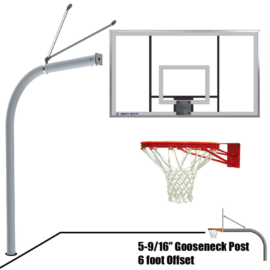 Jaypro Basketball System - Gooseneck (5-9/16 in. Pole with 6 ft. Offset) - 72 in. Acrylic Backboard - Double Rim Goal Jaypro
