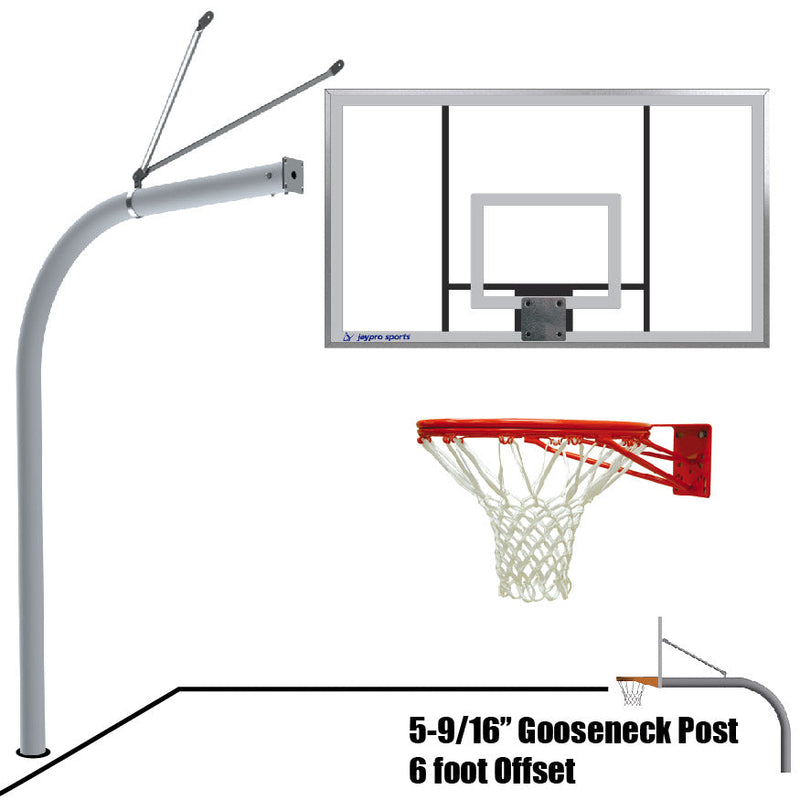 Jaypro Basketball System - Gooseneck (5-9/16 in. Pole with 6 ft. Offset) - 72 in. Acrylic Backboard - Double Rim Goal Jaypro