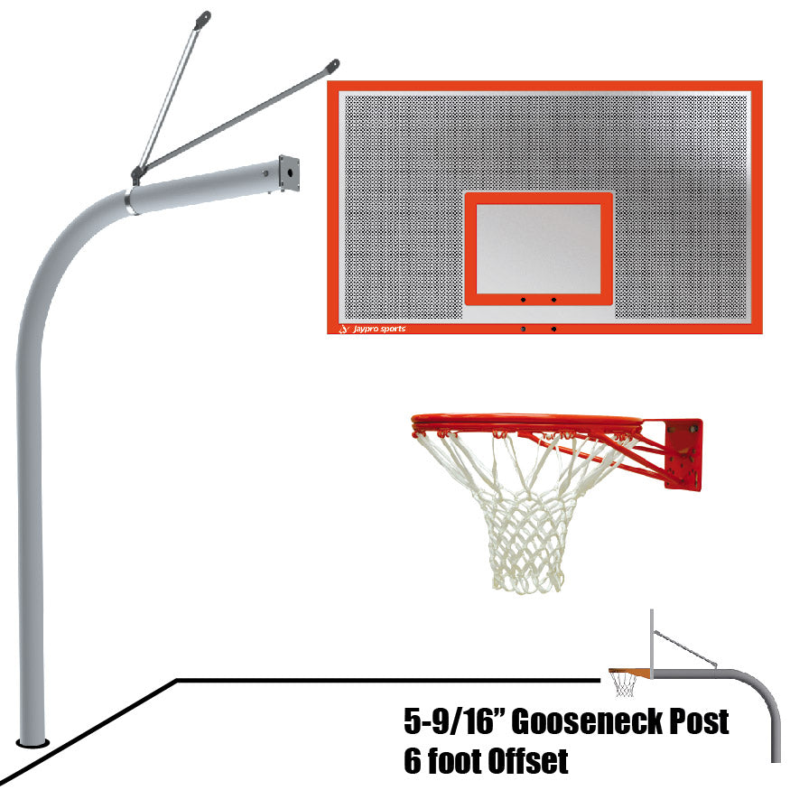 Jaypro Basketball System - Gooseneck (5-9/16 in. Pole with 6 ft. Offset) - 72 in. Perforated Aluminum Backboard - Double Rim Goal Jaypro
