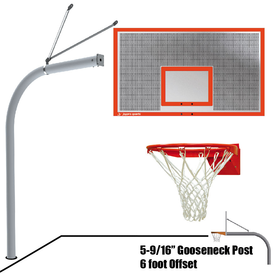 Jaypro Basketball System - Gooseneck (5-9/16 in. Pole with 6 ft. Offset) - 72 in. Perforated Aluminum Backboard - Flex Rim Goal Jaypro