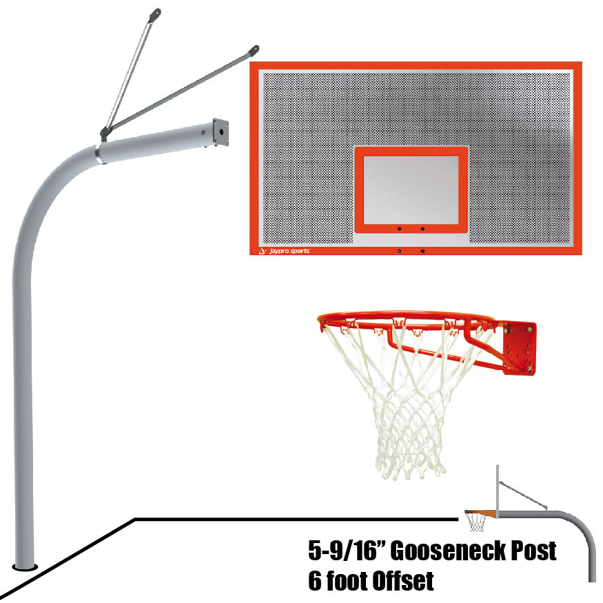 Jaypro Basketball System - Gooseneck (5-9/16 in. Pole with 6 ft. Offset) - 72 in. Perforated Aluminum Backboard - Super Goal Jaypro