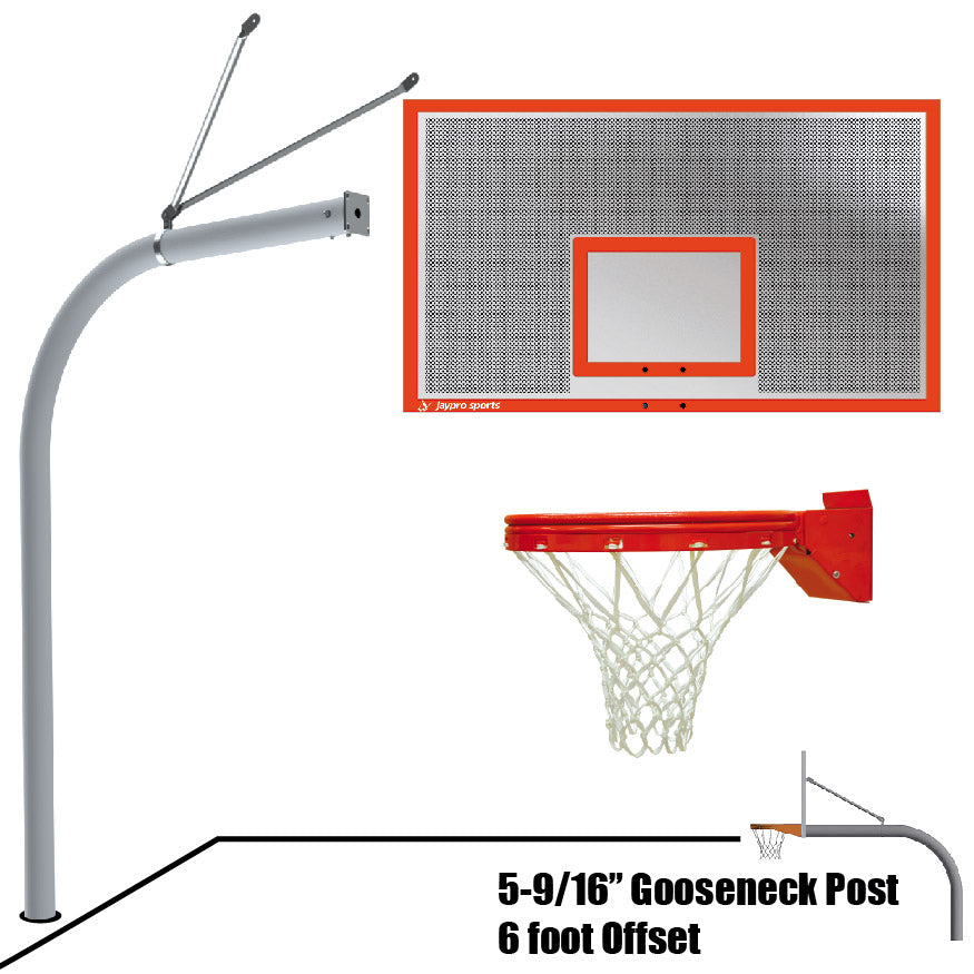 Jaypro Basketball System - Gooseneck (5-9/16 in. Pole with 6 ft. Offset) - 72 in. Perforated Aluminum Backboard - Playground Breakaway Goal Jaypro