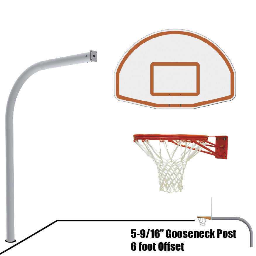 Jaypro Basketball System - Gooseneck (5-9/16 in. Pole with 6 ft. Offset) - 54 in. Aluminum Fan Backboard - Double Rim Goal Jaypro