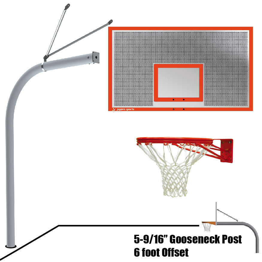 Jaypro Basketball System - Gooseneck (5-9/16 in. Pole with 6 ft. Offset) - 72 in. Perforated Steel Backboard - Double Rim Goal Jaypro