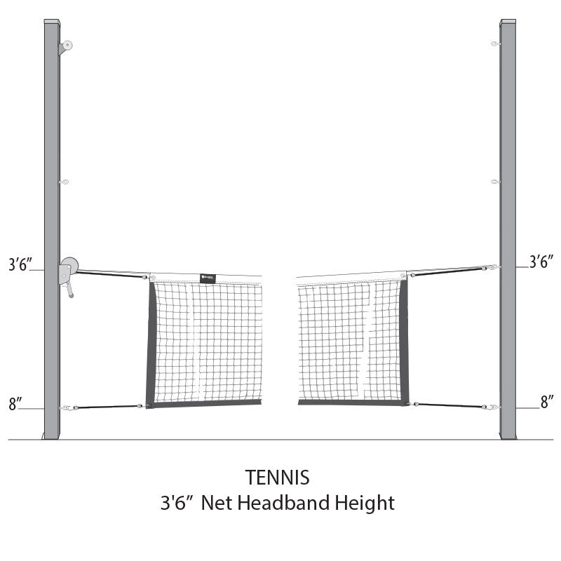 Diagram: tennis setup, 3 ft 6 in net headband height