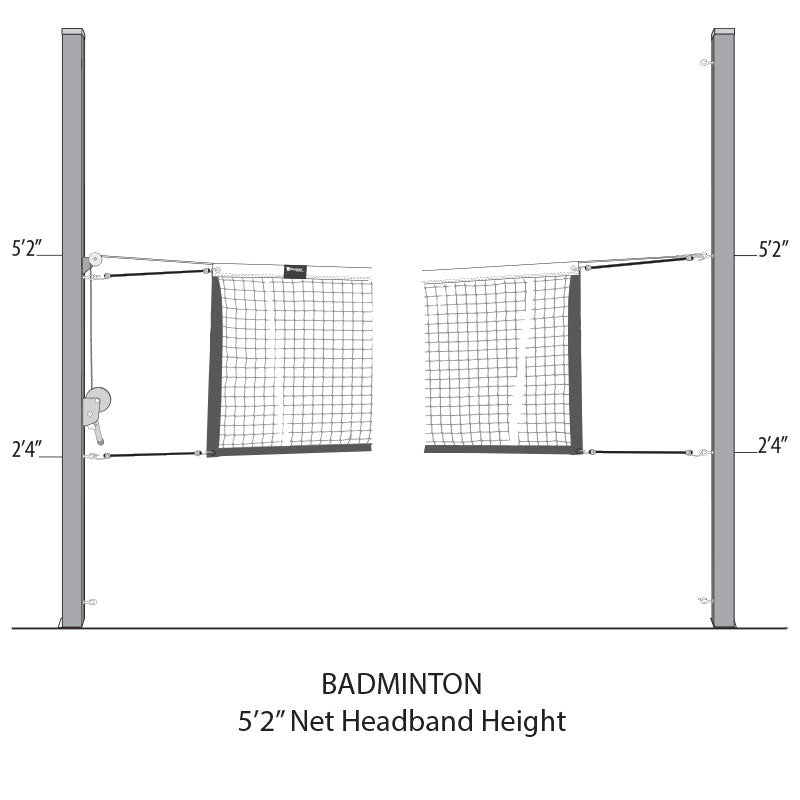 Diagram: badminton setup, 5 ft 2 in net headband height