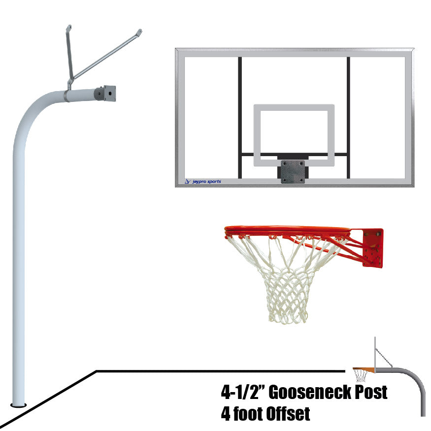 Jaypro Basketball System - Gooseneck (4-1/2 in. Pole with 4 ft. Offset) - 72 in. Acrylic Backboard - Double Rim Goal Jaypro