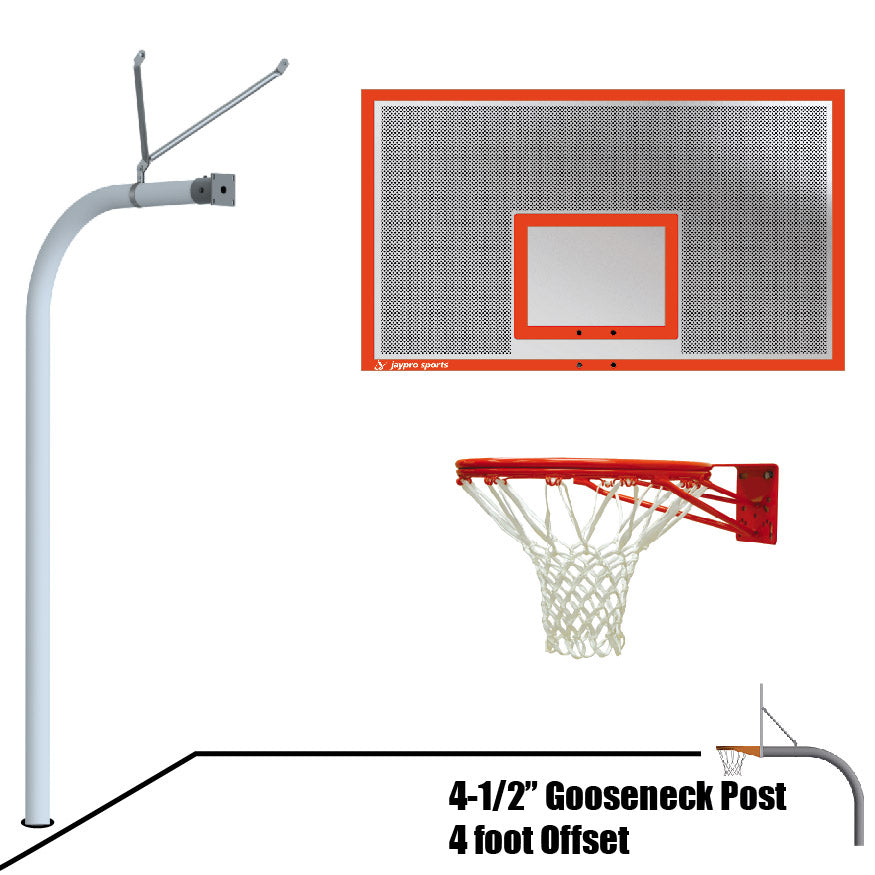 Jaypro Basketball System - Gooseneck (4-1/2 in. Pole with 4 ft. Offset) - 72 in. Perforated Steel Board - Double Rim Goal Jaypro