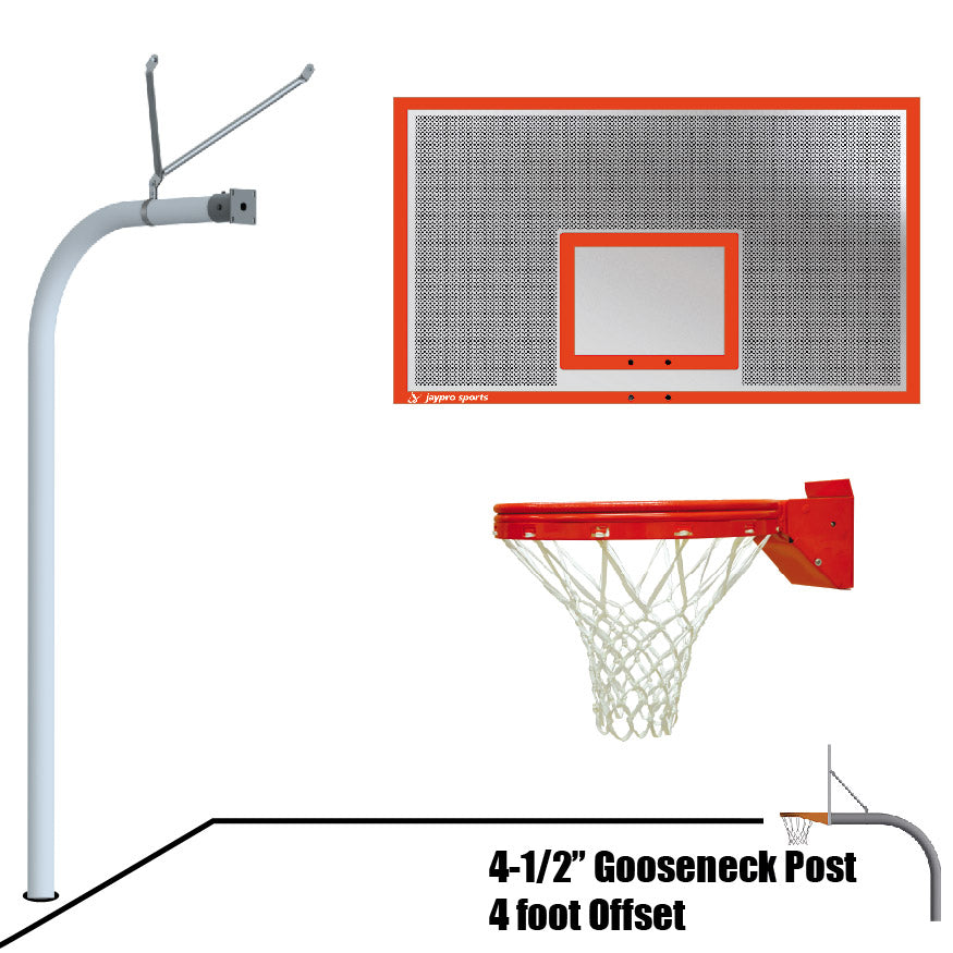 Jaypro Basketball System - Gooseneck (4-1/2 in. Pole with 4 ft. Offset) - 72 in. Perforated Steel Board - Playground Breakaway Goal Jaypro