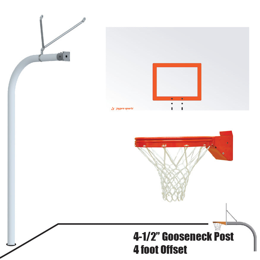 Jaypro Basketball System - Gooseneck (4-1/2 in. Pole with 4 ft. Offset) - 72 in. Steel Board - Playground Breakaway Goal Jaypro