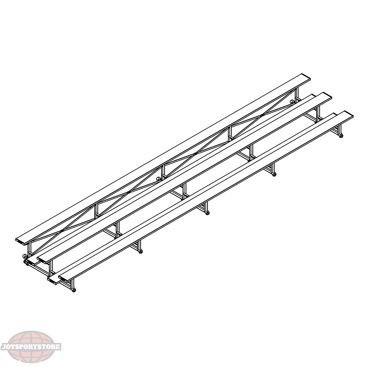 Isometric view of indoor bleacher seats with metal frame structure.