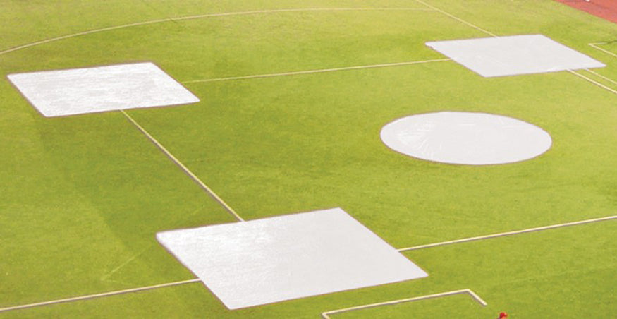 Jaypro Baseball Tarp with Ground Stakes (10 ft. Square - 6 oz. Polyethylene) (3 Base) (White or Silver - Reversible) Jaypro