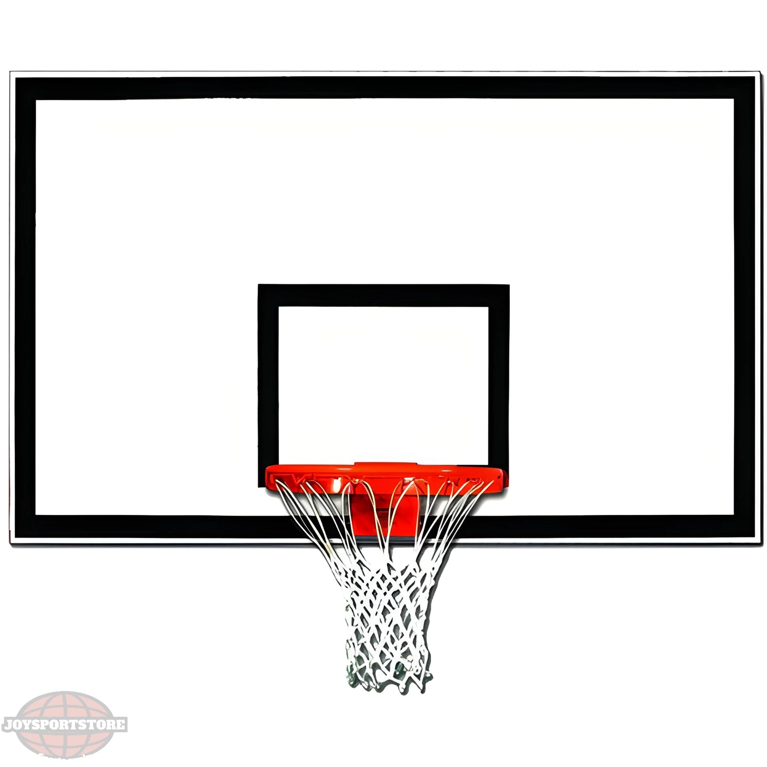 Gared basketball backboard with white surface black border and attached orange rim with net